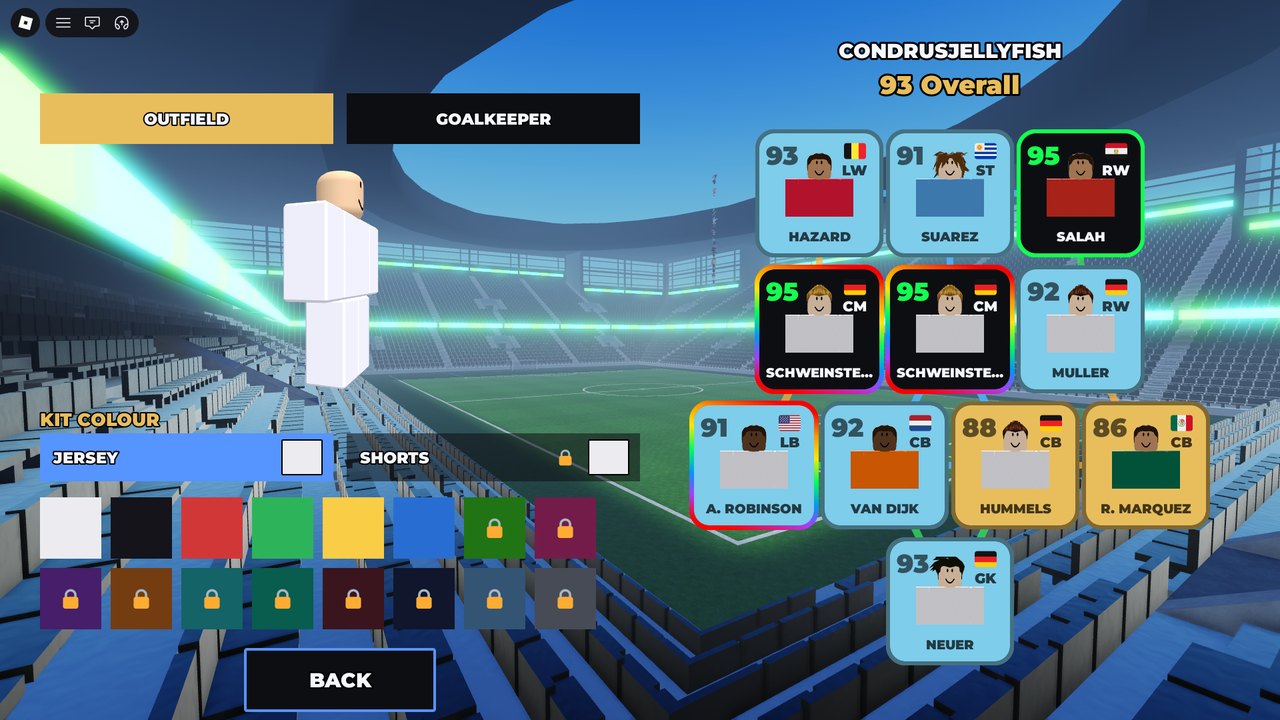 The MY TEAM screen in the cup: a 93 Overall squad and a kit colour palette, some swatches padlocked