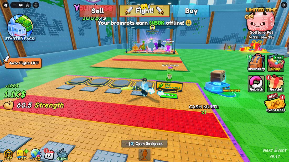 Player plot with brainrot pedestals and dummy upgrade