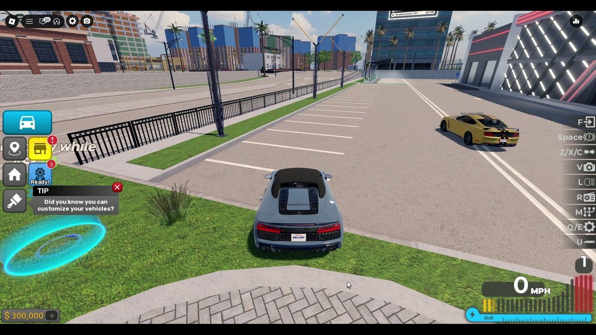 In-car HUD: a vertical icon column on the left (vehicles, teleports, house, rewards, brush