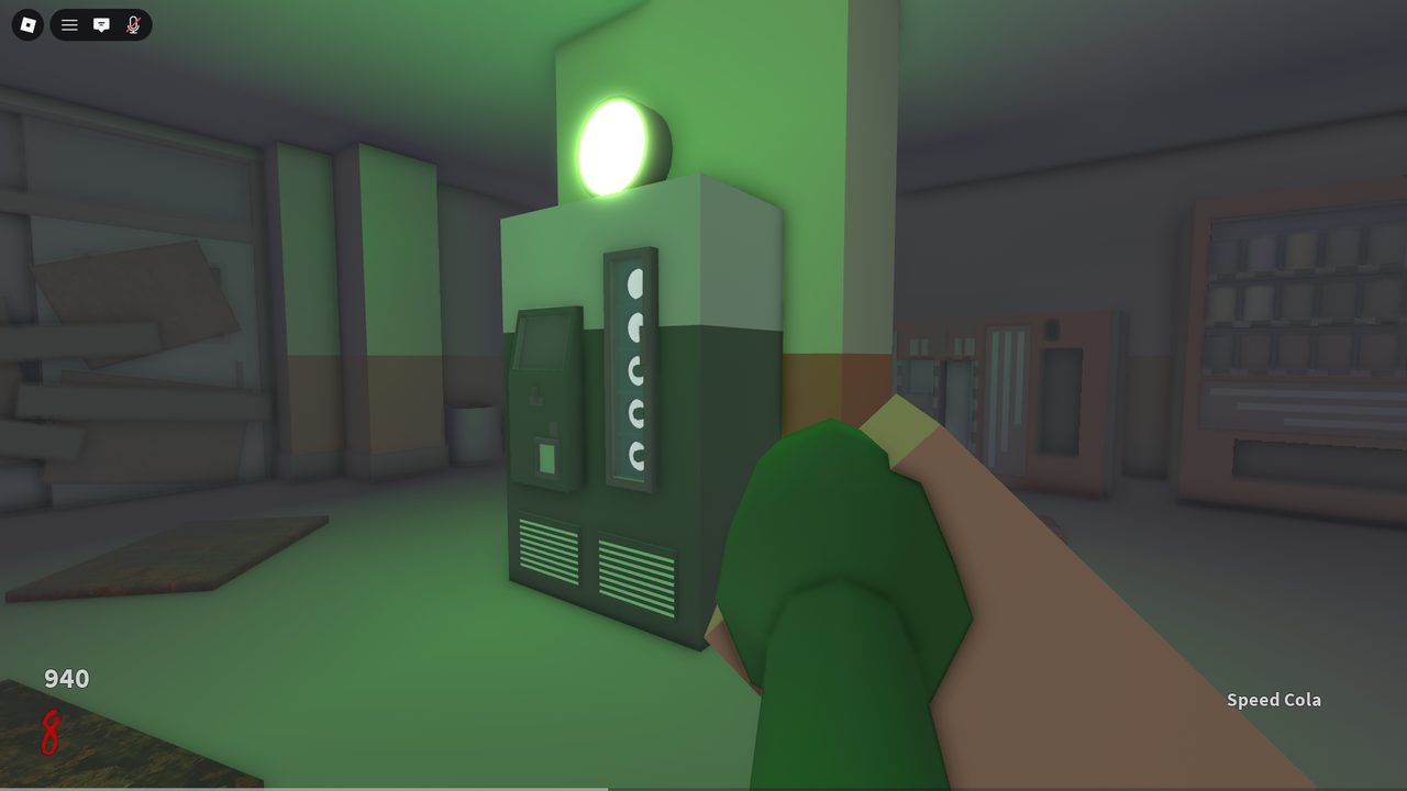 <b>Speed Cola machine.</b> The green perk vendor with its glowing call-light. Perks are bought at fixed machines (power required) and lost on death — a real penalty that forces re-grinding.