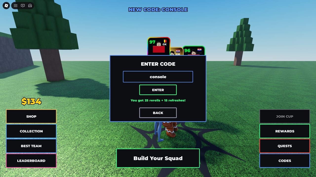 Entering the console redeem code: the message You got 25 rerolls + 10 refreshes