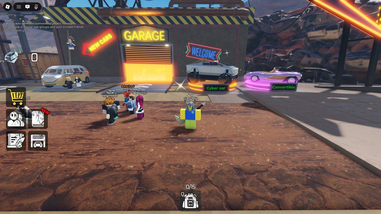 <b>The Garage.</b> Buyable vehicles on neon-lit display pads &mdash; 