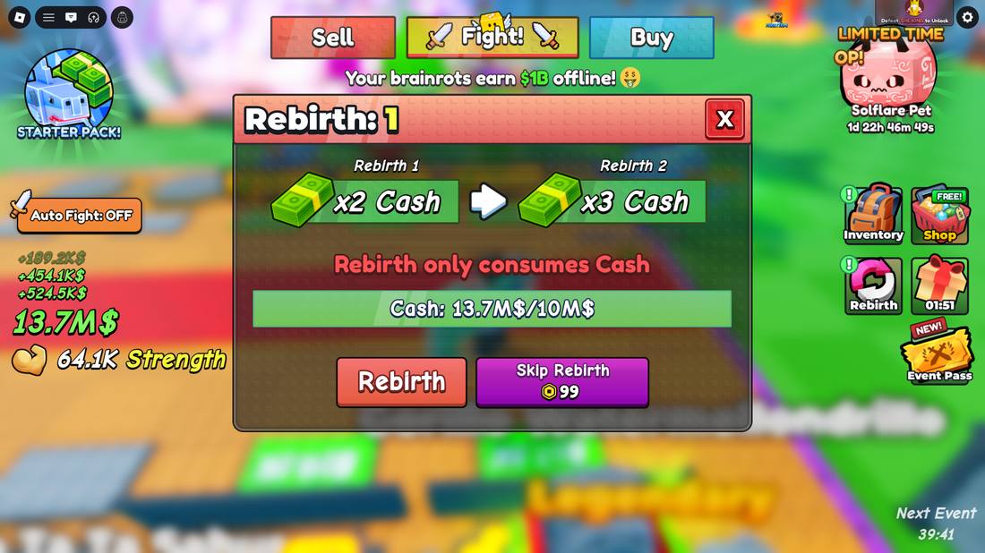 Rebirth panel showing x2 to x3 cash, rebirth only consumes cash