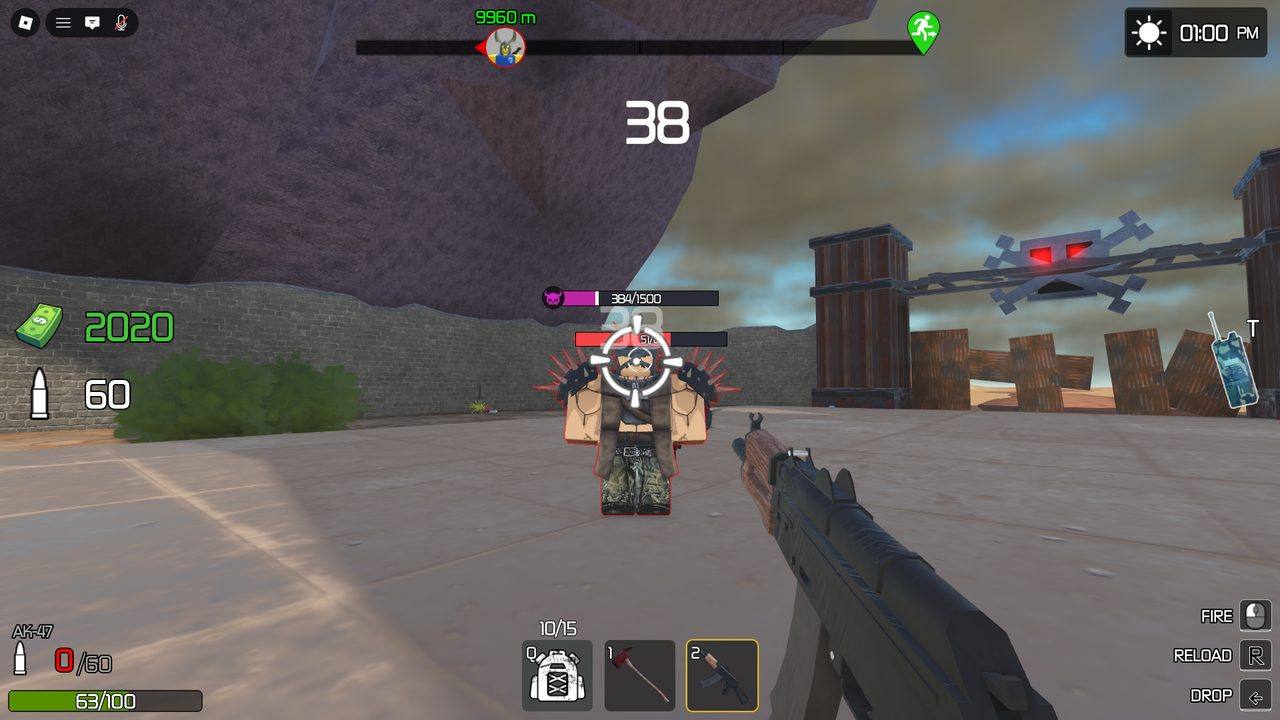 <b>Boss health bar.</b> A burly raider sitting at 384/1500 HP, scoped through the AK-47. The pink demon-skull bar marks an elite &mdash; far tankier than the chip-damage mobs.