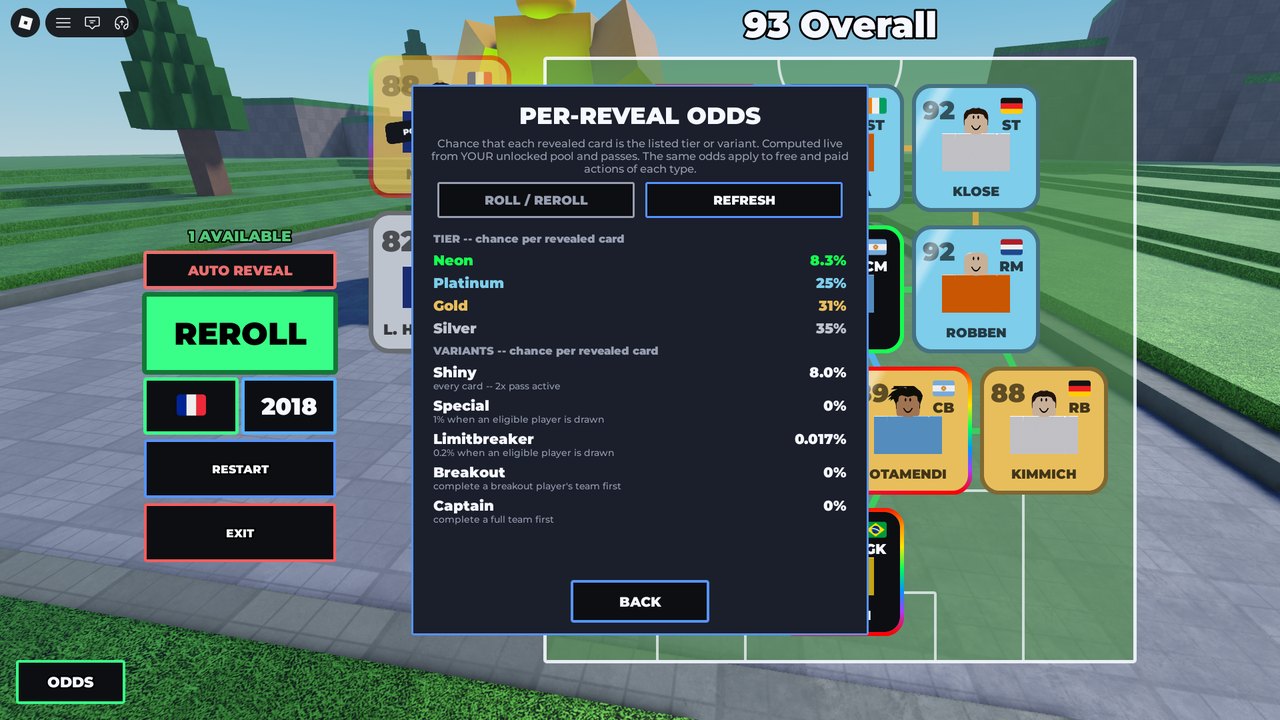 The odds panel on the REFRESH tab: Shiny 8.0% labelled 2x pass active