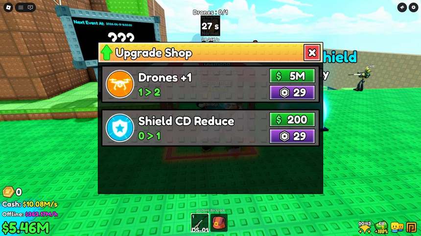 Upgrade shop with Drones plus 1 and Shield CD Reduce