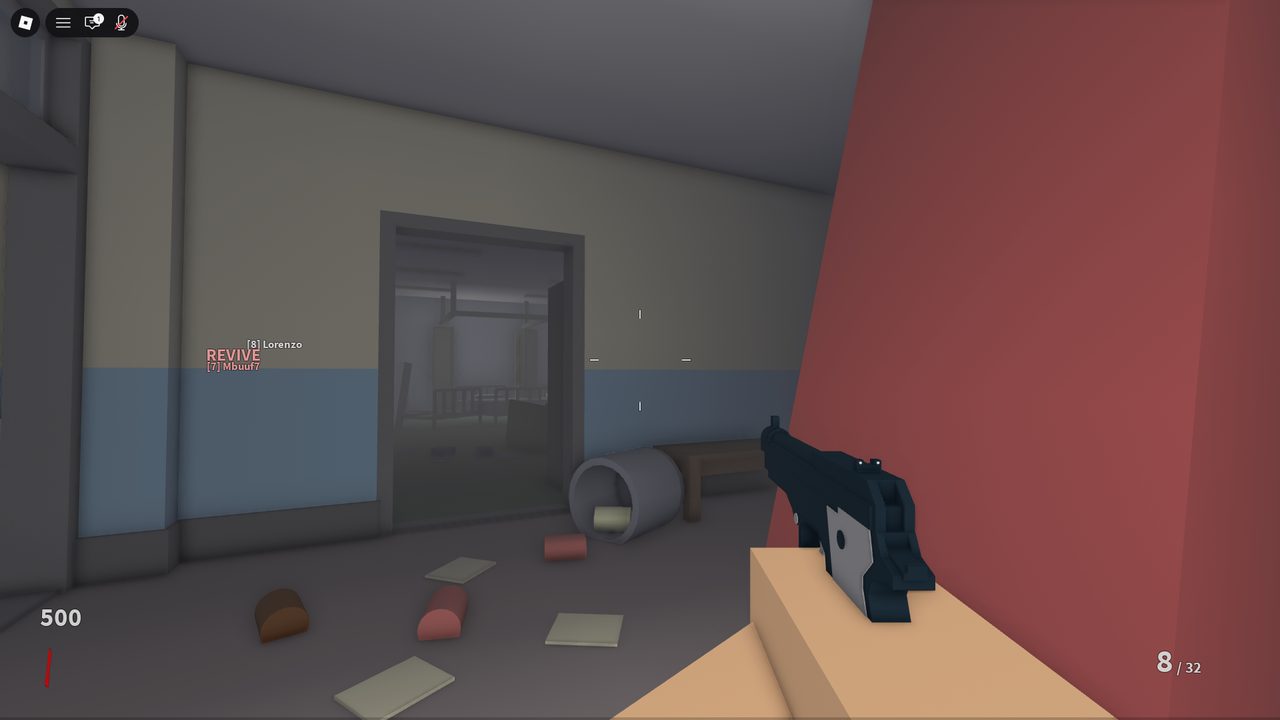 <b>Wall-buy sidearm.</b> A Walther P38 (8/32) in the school. Starter guns are cheap and weak by design — the ladder pushes you toward bigger buys and the box.