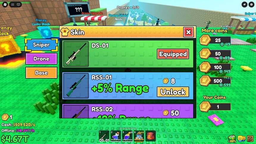 Skin shop showing sniper variants DS-01 equipped, RSS-01 plus 5 percent range