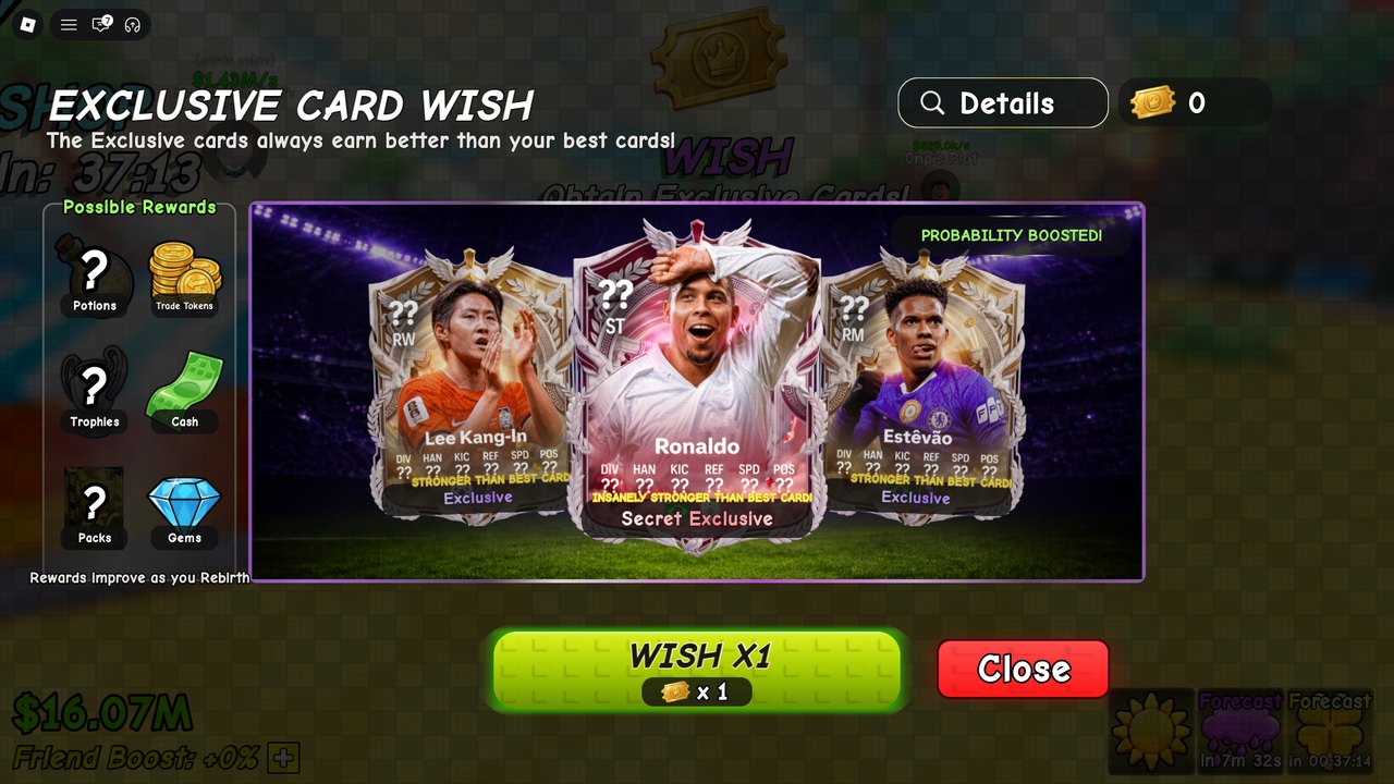 Экран Exclusive Card Wish: карточки Анри, Роналду и Вирца, надпись Probability Boosted
