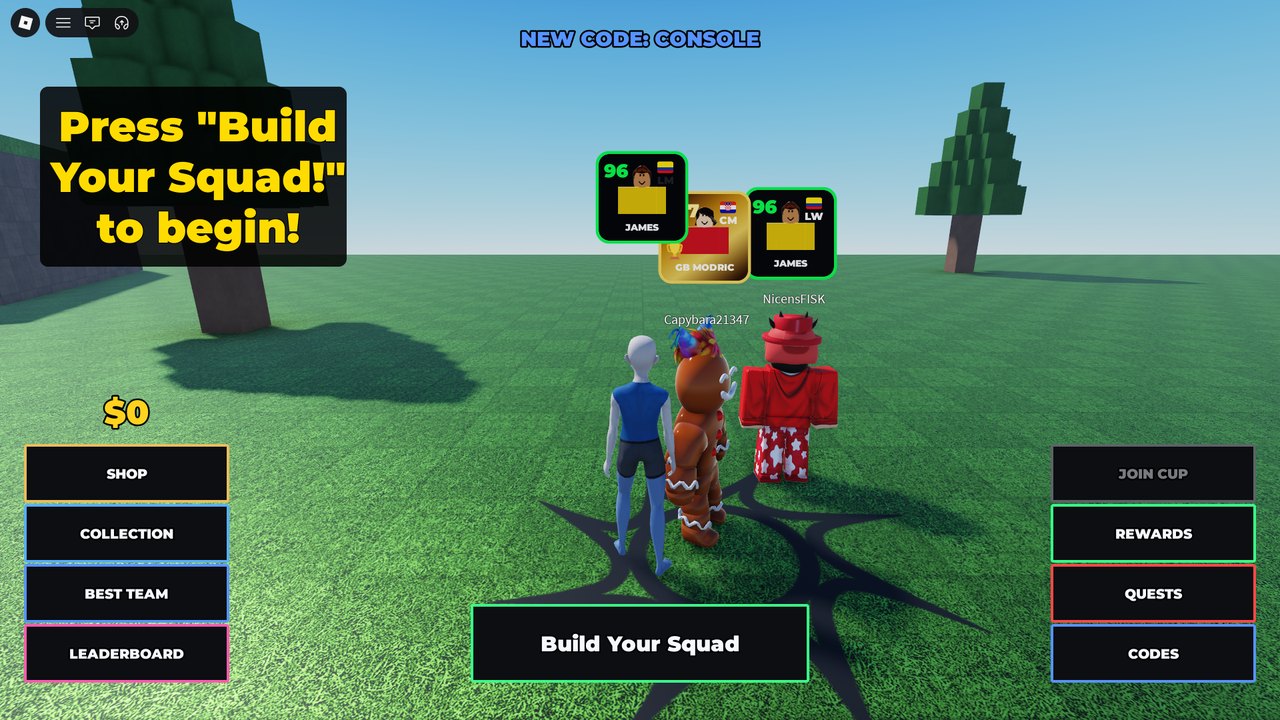 Spawn: a NEW CODE CONSOLE banner, the Build Your Squad button in the centre, eight buttons around the edges