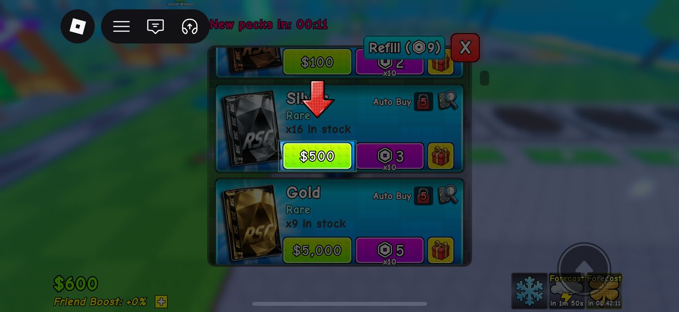 The pack shop — every tier buyable in cash or gems