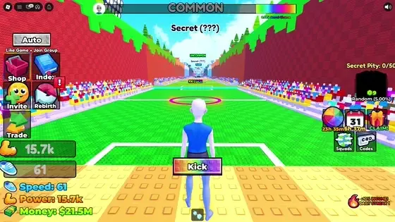 Kick field: the Kick button, rarity tiers receding down-field (Common near, rarer far), an aim ring