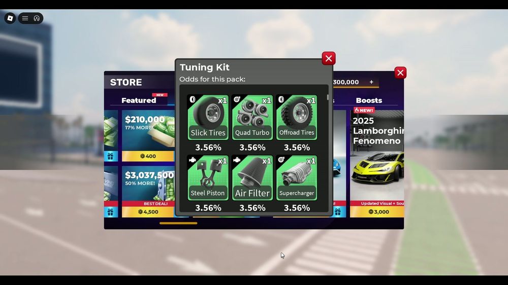 Top of the odds table: common parts (Slick Tires, Quad Turbo, Steel Piston, Supercharger) 