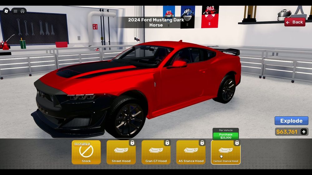 Bodykits → Hood for $25,000. Body kits — bumpers, skirts, hoods, spoilers — cost $9,000–$2