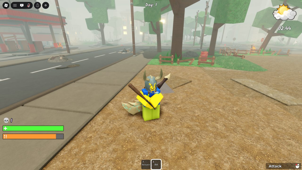Day 1 spawn β viking-skinned survivor with a starter bat, ruined gas station in the fog. Clean, readable HUD: health (green), hunger (orange), kills (skull).