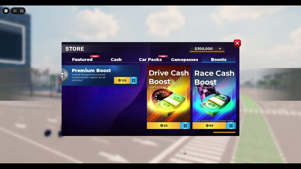 Boosts: Premium Boost (125 R), Drive Cash Boost — ×2 for 15 minutes, Race Cash Boost — ×1.