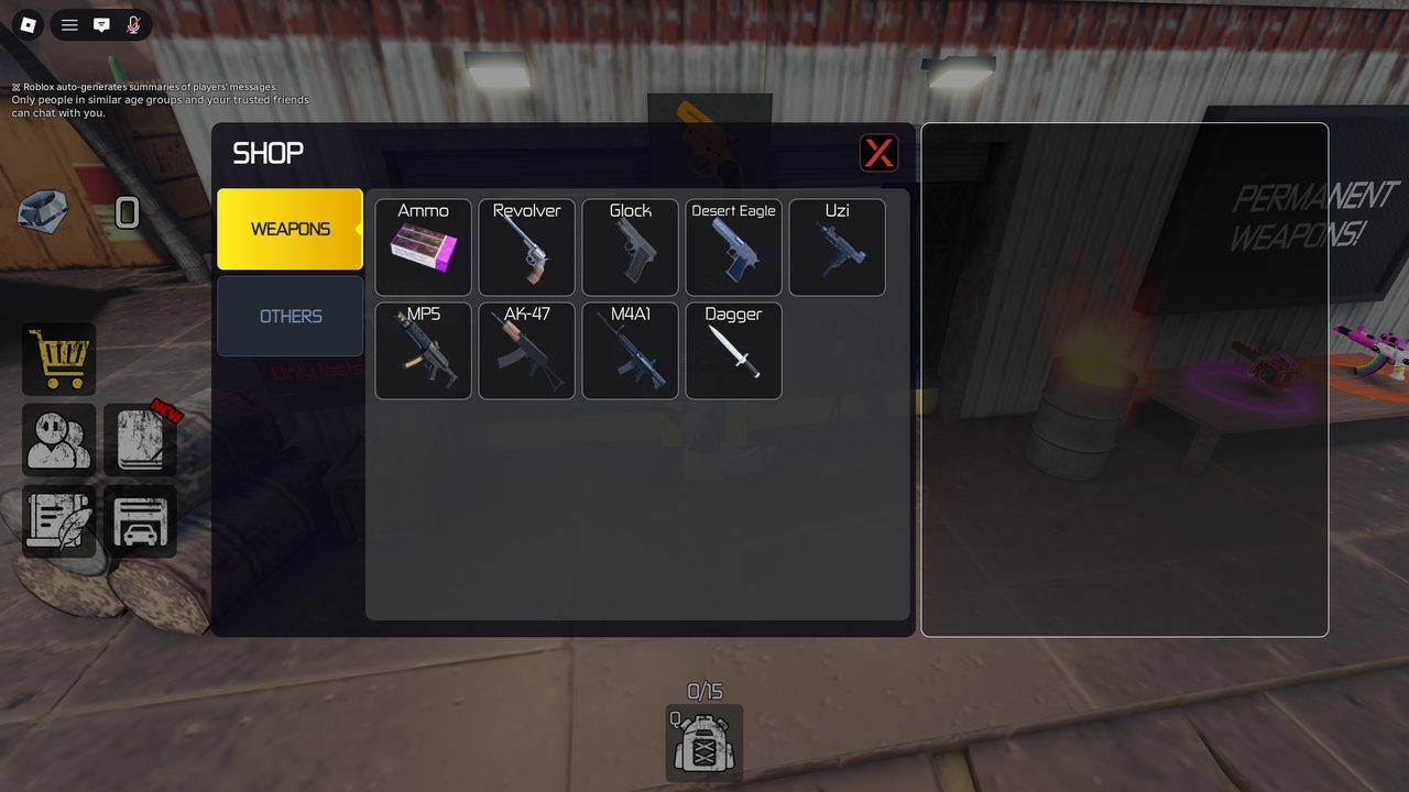 <b>Weapon shop.</b> Weapons tab (Ammo, Revolver, Glock, Desert Eagle, Uzi, MP5, AK-47, M4A1, Dagger) vs. an Others tab. A 