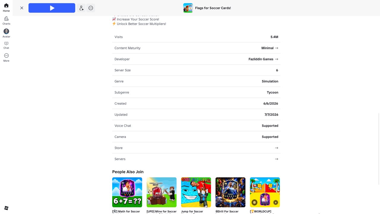 The game page: genre Simulation, subgenre Tycoon, server size 6, created 05.06.2026, updated 06.07.2026