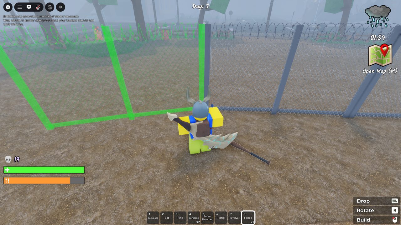 Base-building uses a green placement preview snapped to a grid against the perimeter fence β readable, forgiving placement.