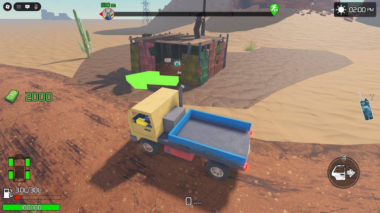 <b>Scavenge structures.</b> A green arrow points to a container shack to loot before setting off. Abandoned buildings hold fuel, tires, weapons and cash &mdash; the reason to ever stop the truck.