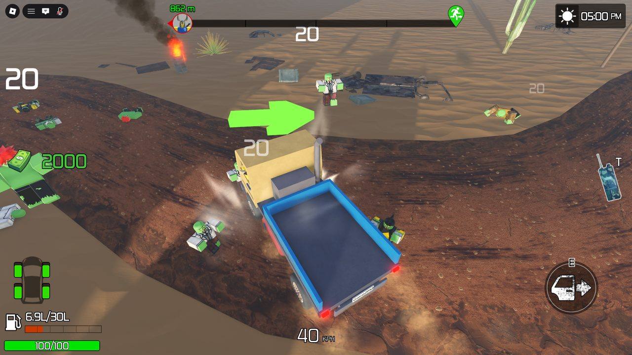 <b>Vehicular combat.</b> Running down raiders mid-drive while they shoot back. The truck IS a weapon &mdash; but ramming costs durability, so it is a trade, not a free kill.