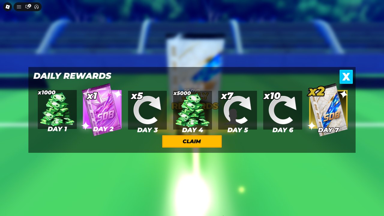 DAILY REWARDS screen: 7 days of rewards from D1 x1000 cash to D7 x2 gold pack, a CLAIM button