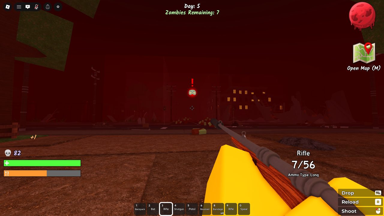 First-person rifle work during a blood moon β 7/56 rounds, Long ammo. Enemy heads glow red and carry a ! marker for visibility in the dark red haze.