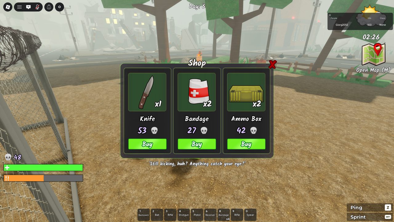 The merchant shop prices everything in skull-kills: a Knife costs 53π, an Ammo Box 42π, Bandages 27π. Spending kills means every purchase has a felt combat cost.