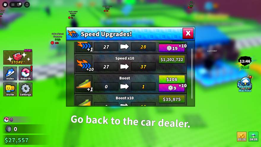 Speed Upgrades panel showing Speed +1/+10 and Boost tiers, with 'go back to the car dealer'