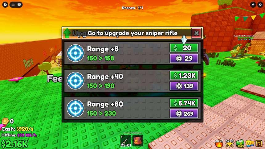 Sniper range upgrade panel offering plus 8, plus 40, plus 80 with cash and gem pricing