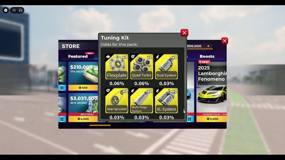Lower rarities drop to 0.06% and 0.03% (Quad Turbo, Multi-Stage System) — the legendary ti
