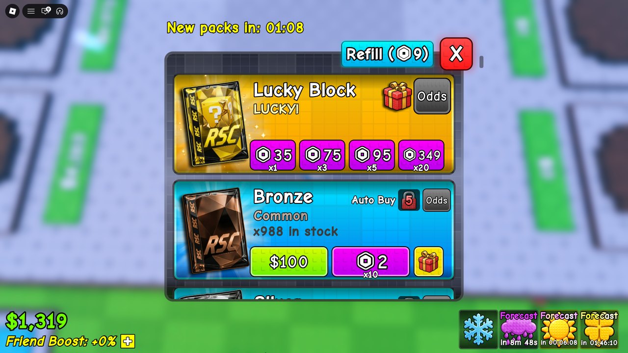 Магазин паков: Lucky Block и Bronze, таймер New packs in, кнопка Refill и кнопки Odds