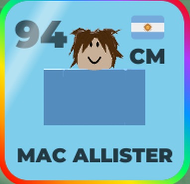A Shiny card: 94 CM Mac Allister, a light blue Platinum card with a rainbow border