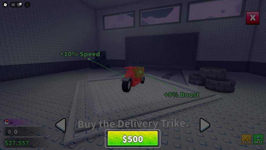 Delivery Trike purchase screen: +10% Speed, +8% Boost, 2 Carry, $500