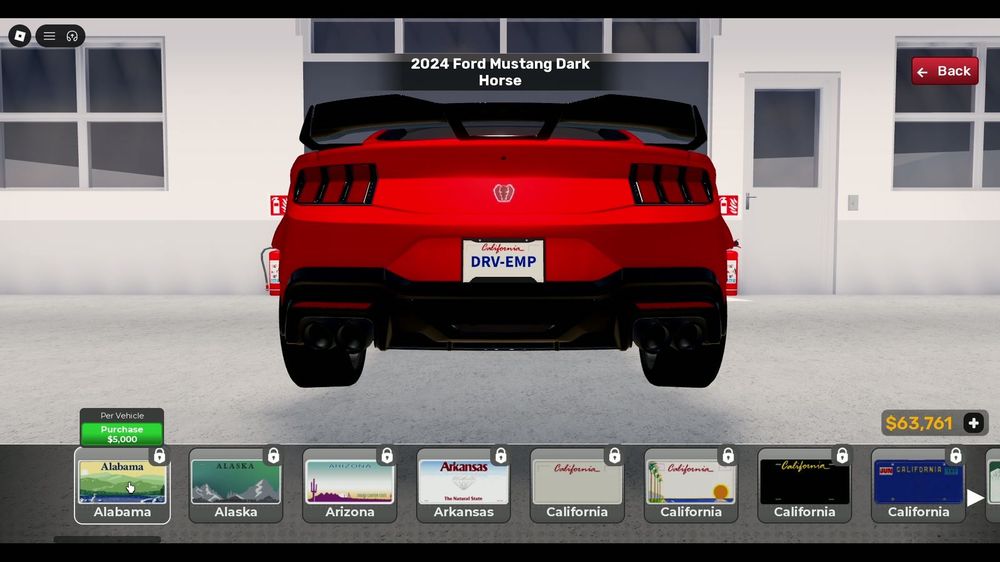 License Plate: US state plates (Alabama … California) at $5,000 each — just an image on th