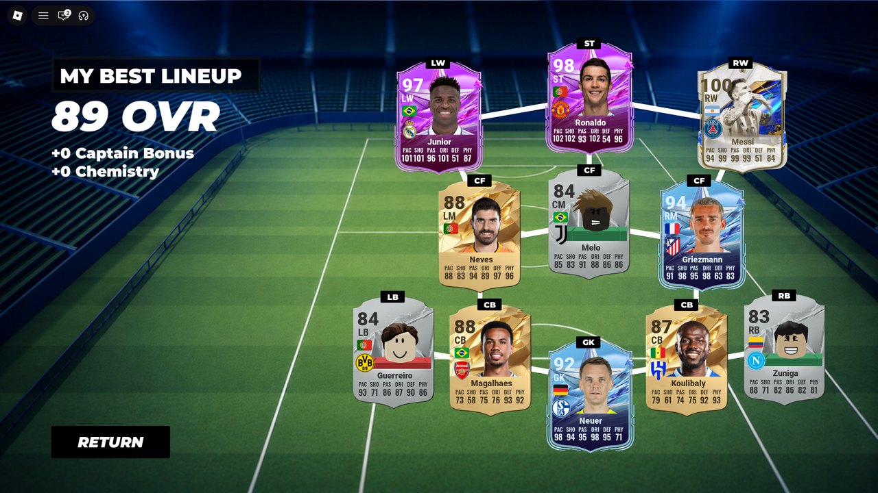 MY BEST LINEUP screen: a full 4-3-3, 89 OVR, each player's OVR, club and stats row