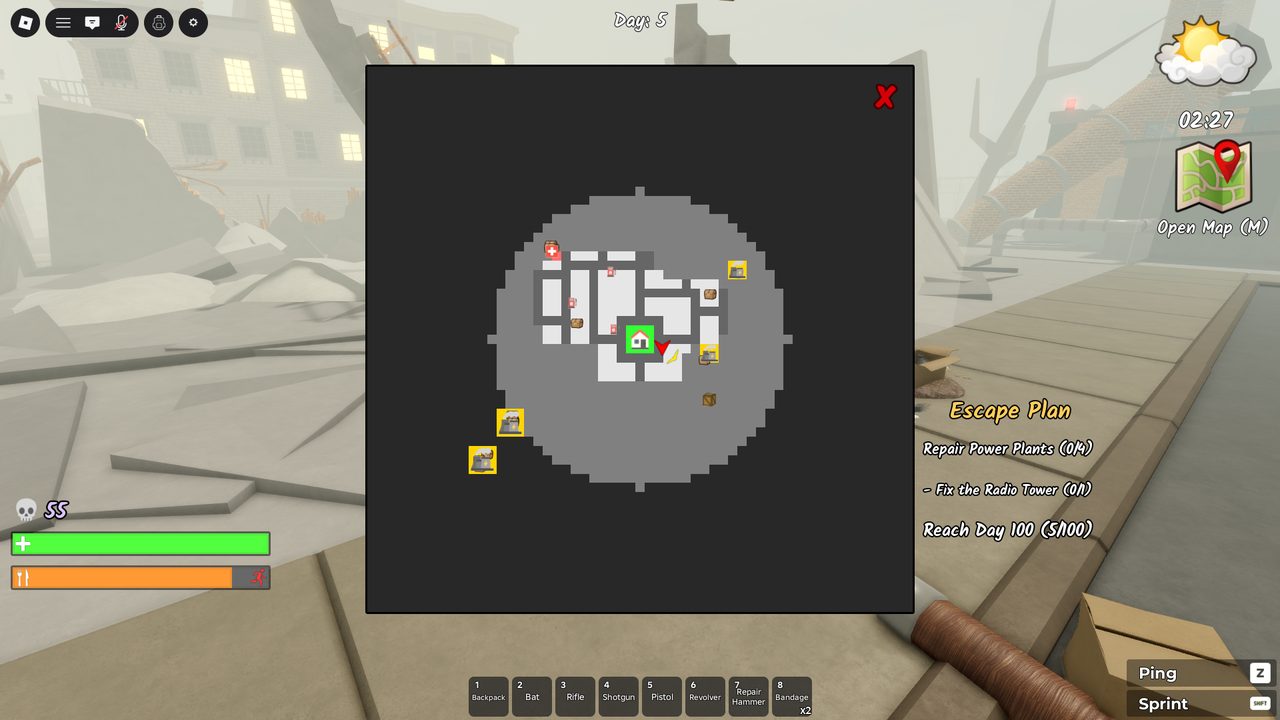 The Escape Plan, surfaced right on the map: Repair Power Plants (0/4), Fix the Radio Tower (0/1), Reach Day 100 (5/100). A clear, multi-stage win condition that gives every run a destination.
