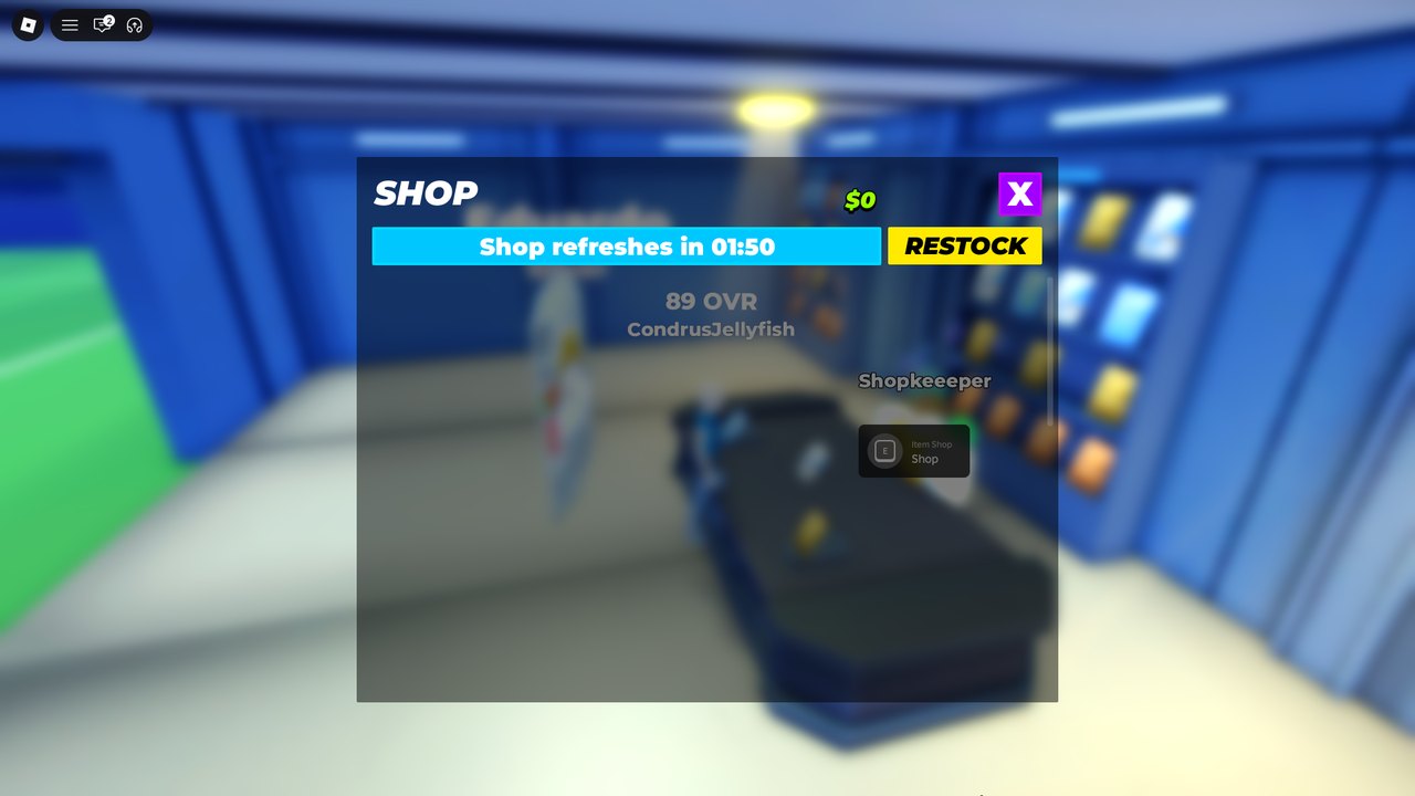 SHOP modal: empty stock, a Shop refreshes in 01:50 timer, a yellow RESTOCK button