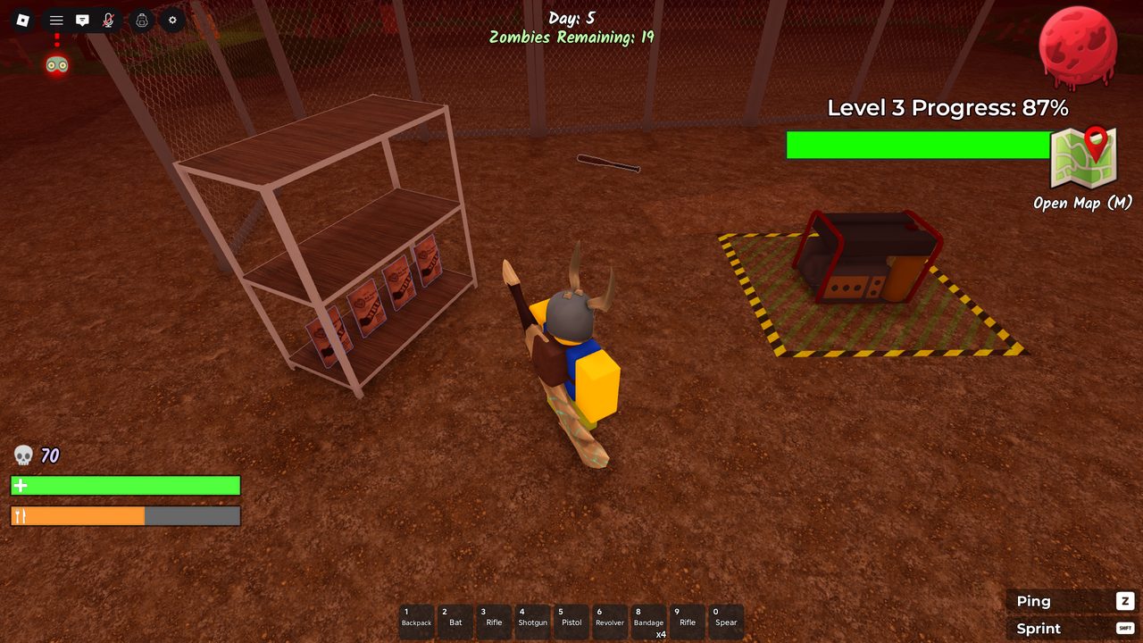The crafted Shelf in place during a blood moon, stocked with items, beside the generator on its hazard pad.
