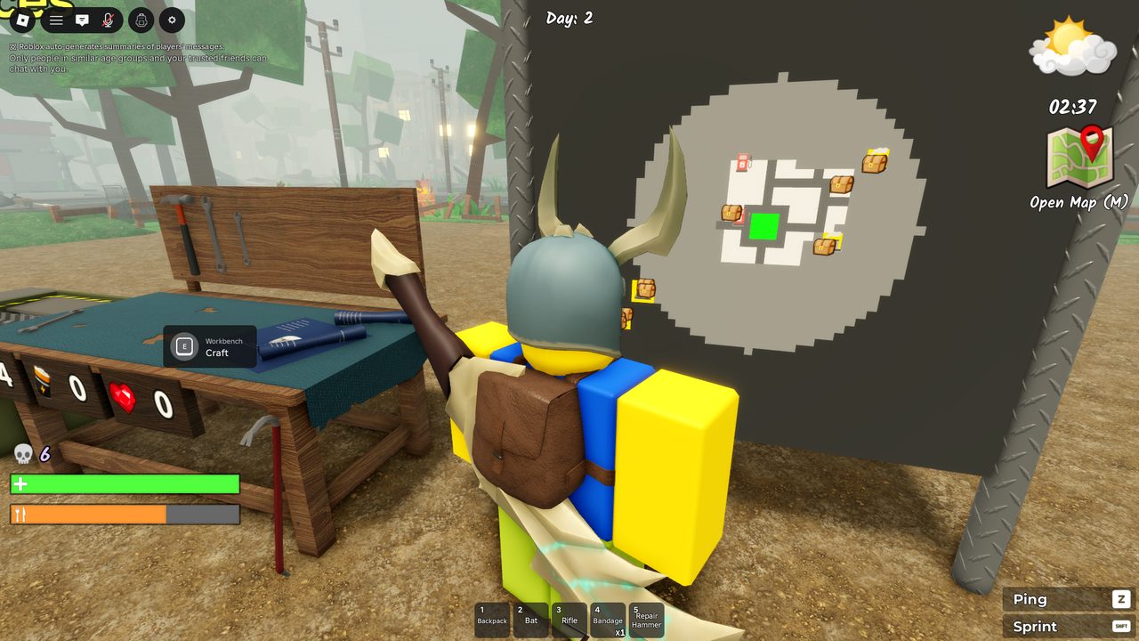 The base board shows looted resources (gold, gems) and a local minimap with crate and pump icons β the scavenging targets for the day.