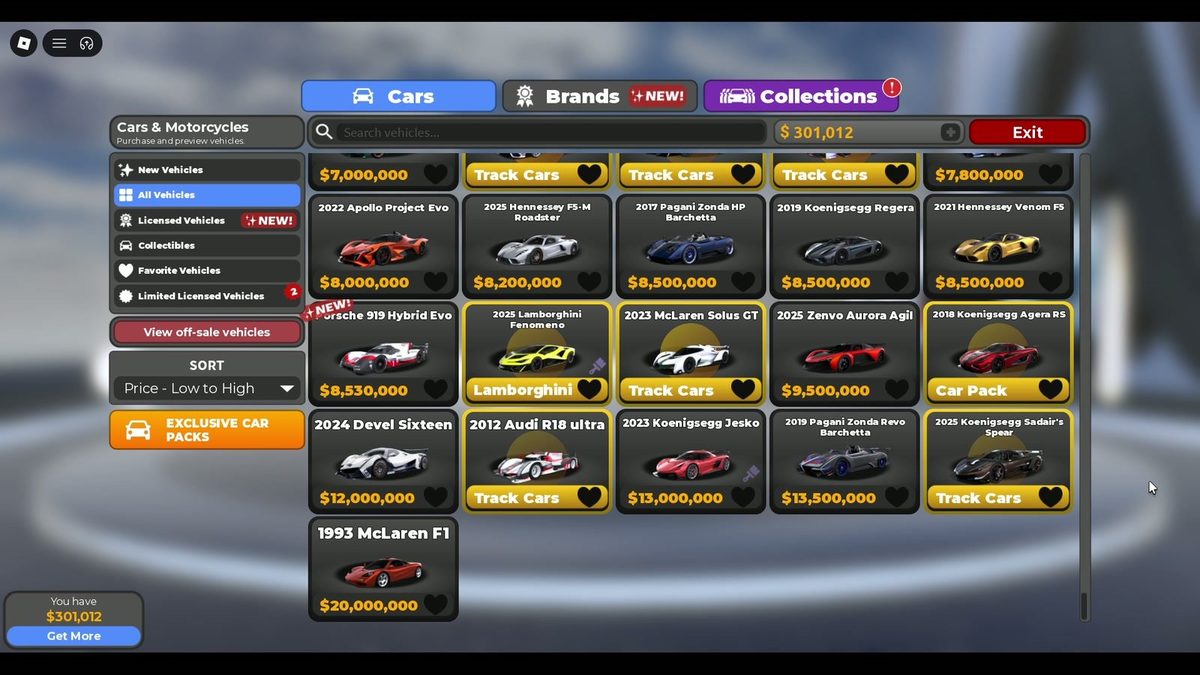 Top of the catalog by price: Koenigsegg Jesko, Pagani Zonda Revo, Koenigsegg Sadair's Spea