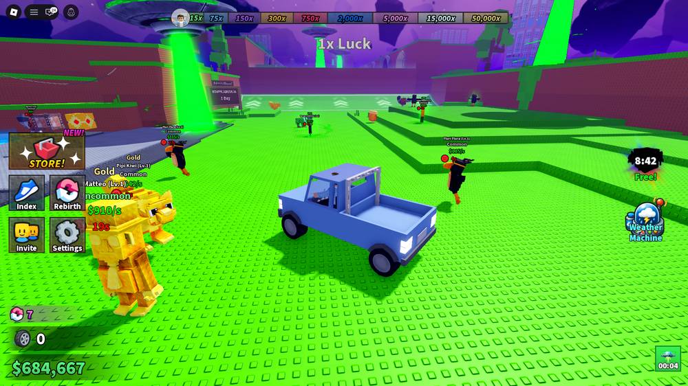 Pickup truck in the purple UFO biome with a gold brainrot nearby