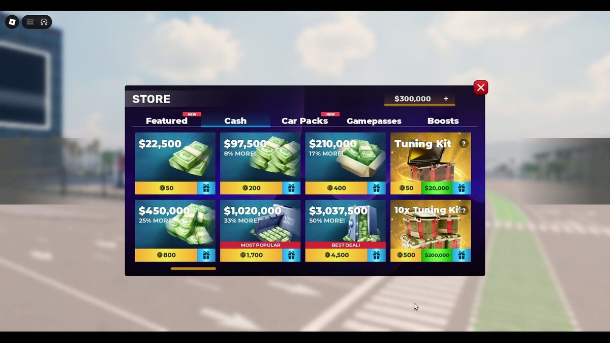 Cash tab: in-game money packs for Robux — $20,000, $200,000 (+17%), $1,020,000, $3,037,500