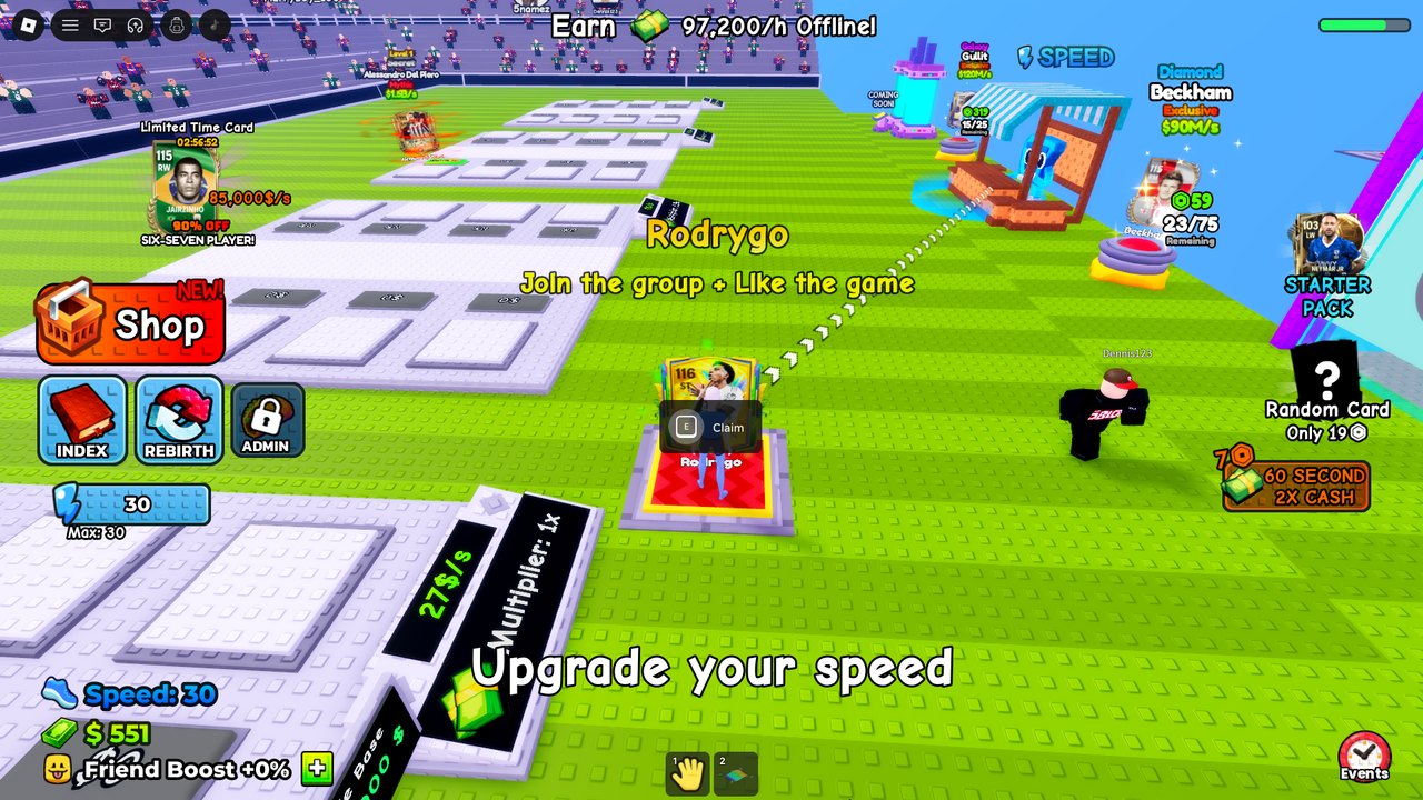 A banner reading Earn 7,200 per hour offline, the shop, a join-the-group button