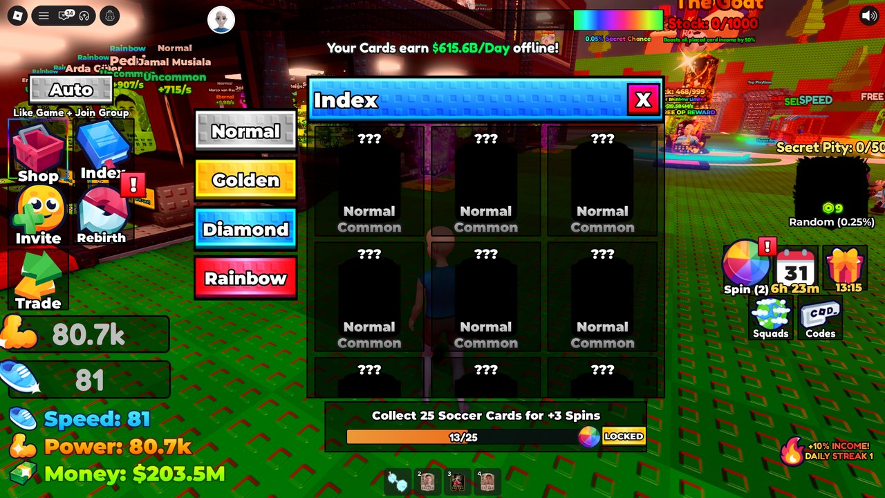 Index: finish tabs Normal/Golden/Diamond/Rainbow, Collect 25 Cards → +3 Spins 13/25
