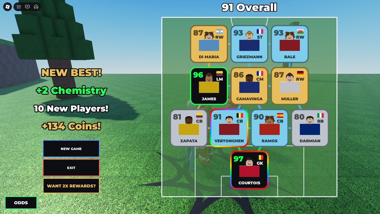 The NEW BEST screen: +2 Chemistry, 10 New Players, +134 Coins, with NEW GAME, EXIT and WANT 2X REWARDS buttons