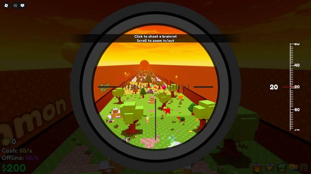 Scope view at zoom level 20 over the sunset range, prompt to click to shoot and scroll to zoom