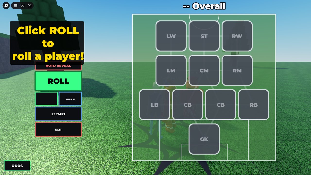 An empty 4-3-3 grid with the prompt Click ROLL to roll a player, the ROLL button highlighted green