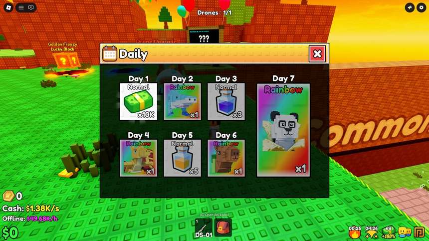 Daily 7-day reward calendar with Normal and Rainbow tiers