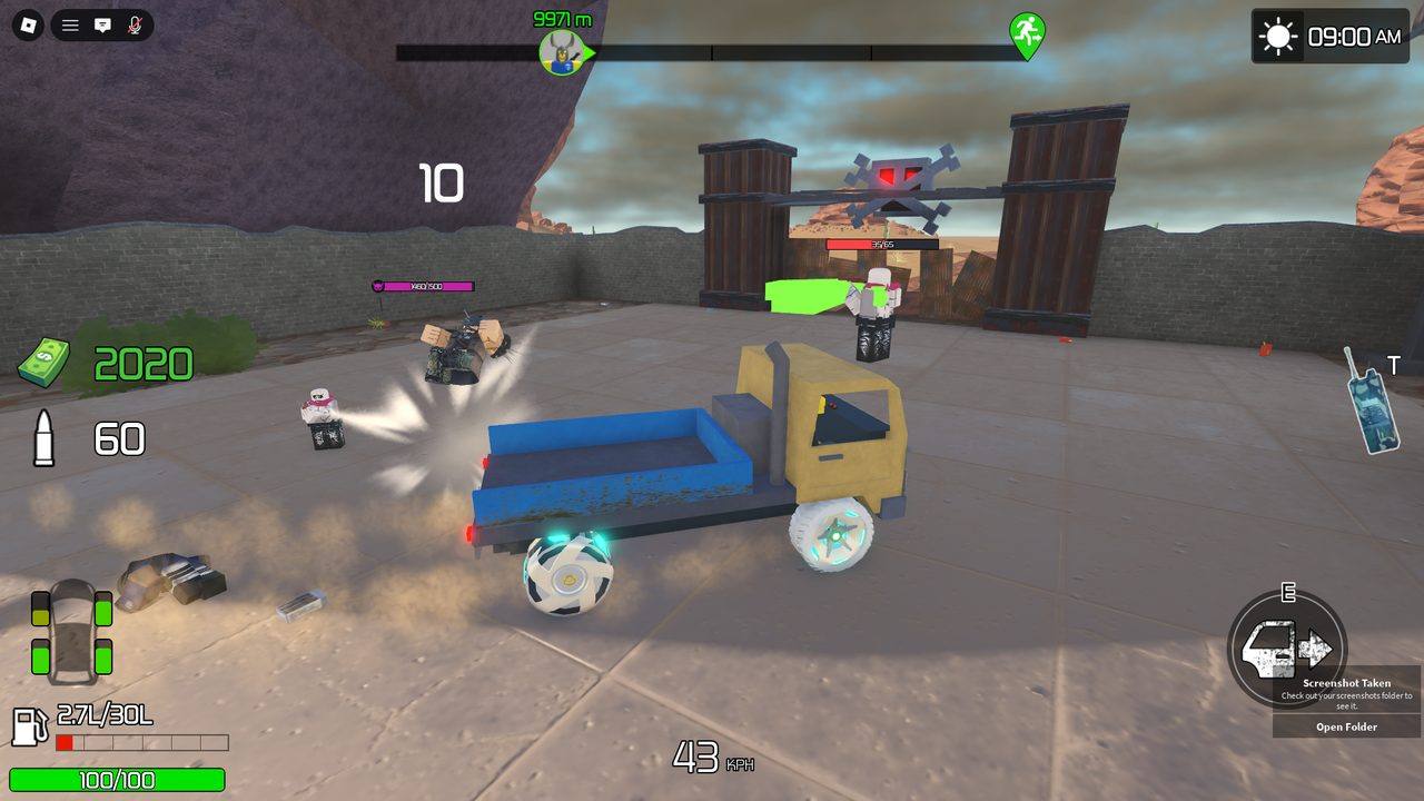 <b>Truck vs. boss.</b> Same fight, using the flatbed to bully the elite (and a smaller add) while taking pressure off thin ammo reserves. Vehicular damage scales with speed and spiked tires.